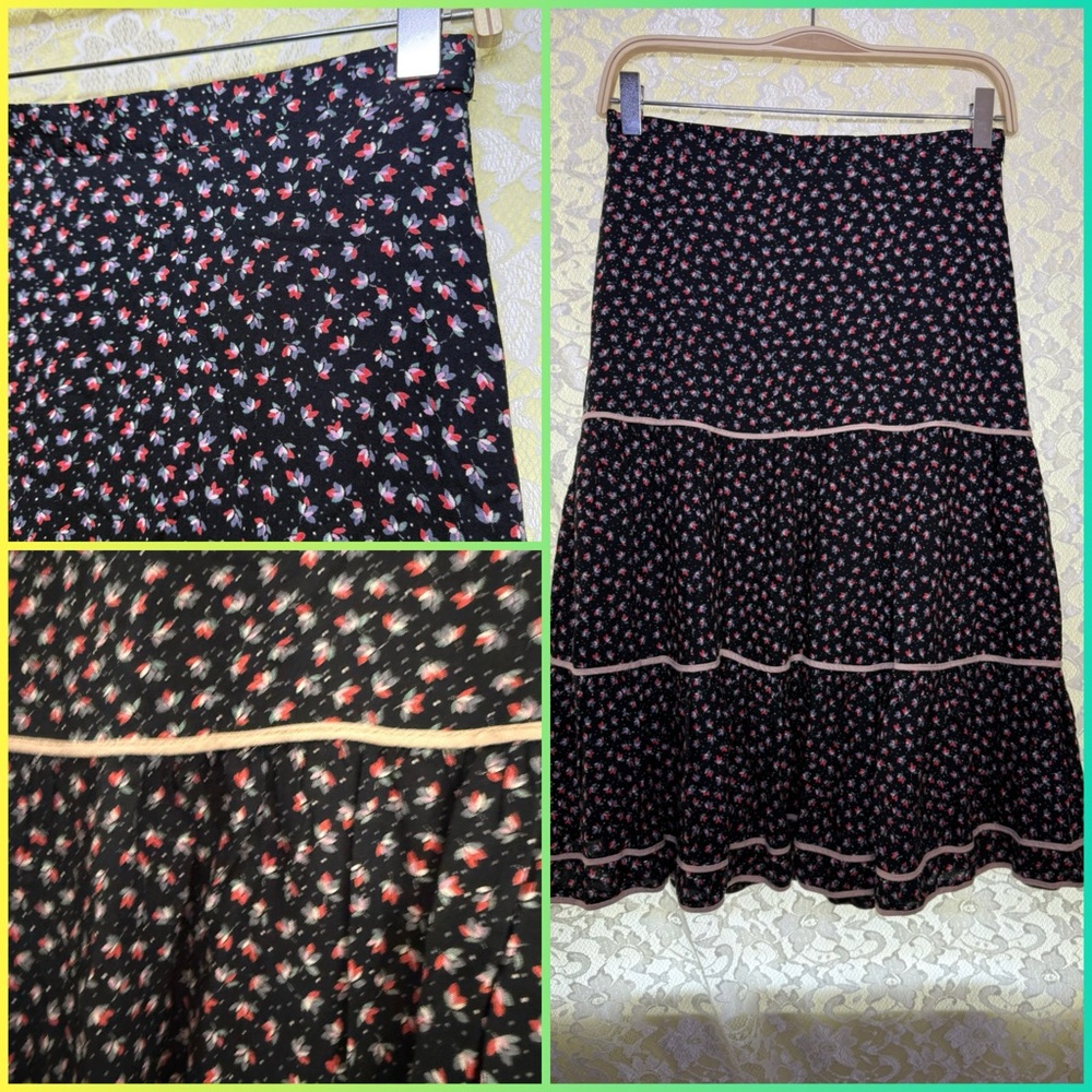 Vintage Parisian black red pink Floral Black Skirt peasant tiered midi lined sm
